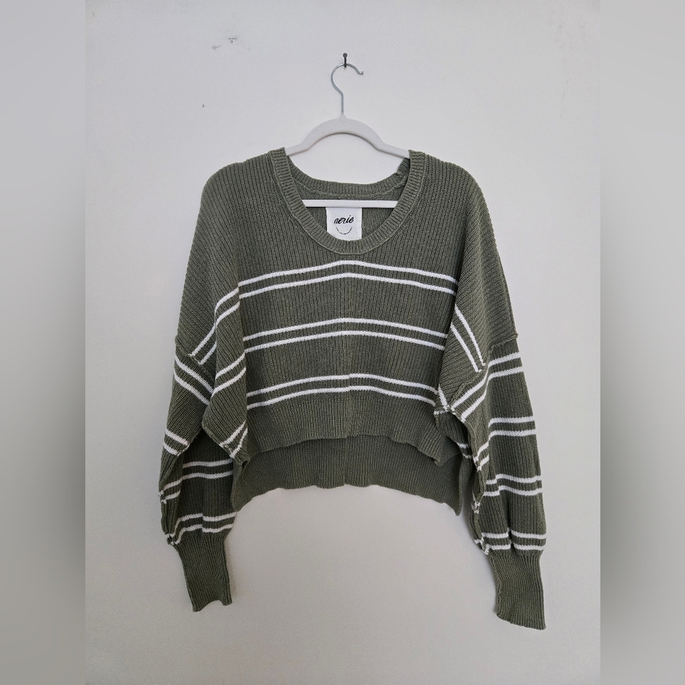 Aerie Olive and White Striped Cropped Crew Neck Sweater 100% Cotton Large